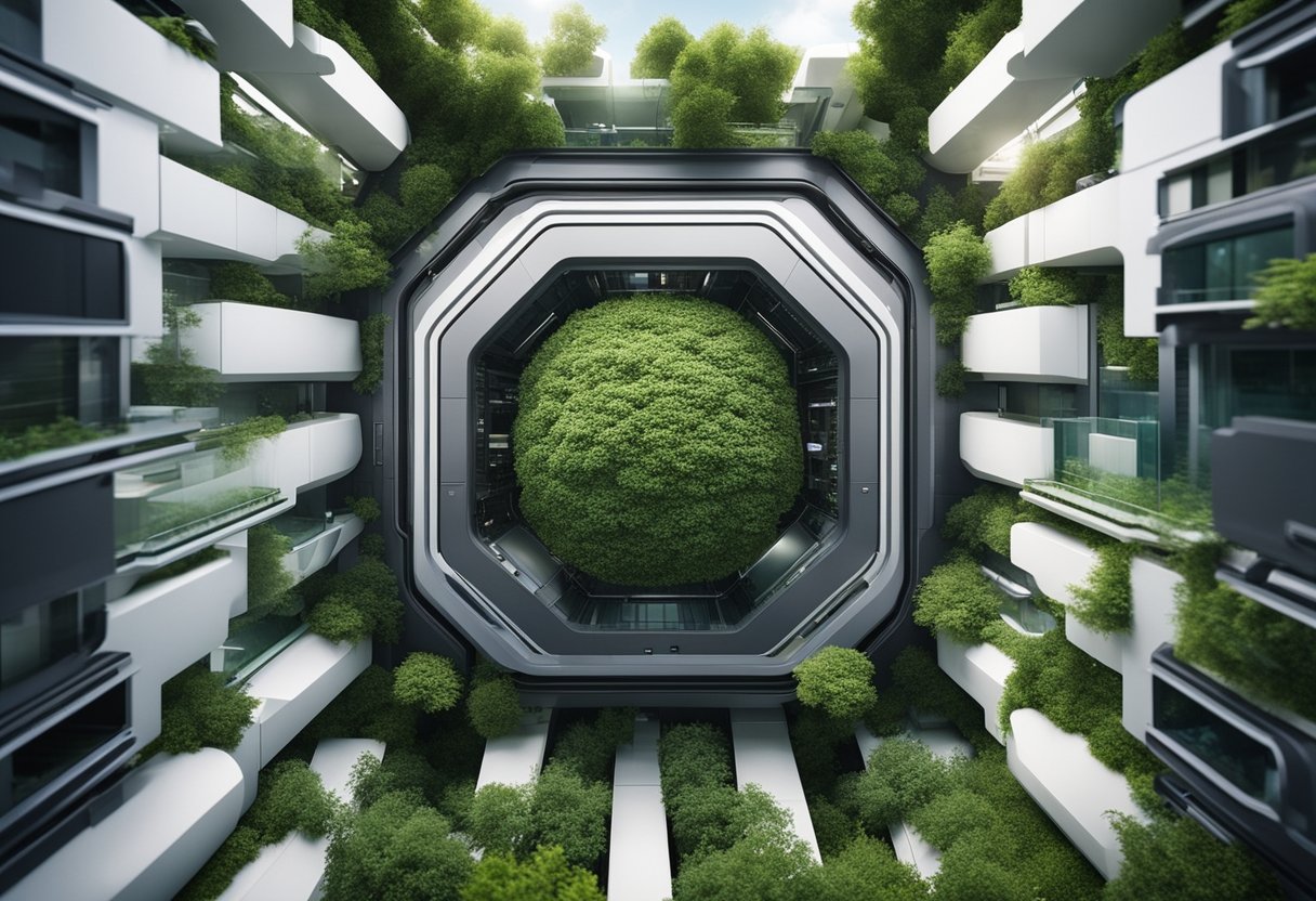A futuristic ECLSS module with advanced technology and sleek design, surrounded by lush greenery and clean, breathable air