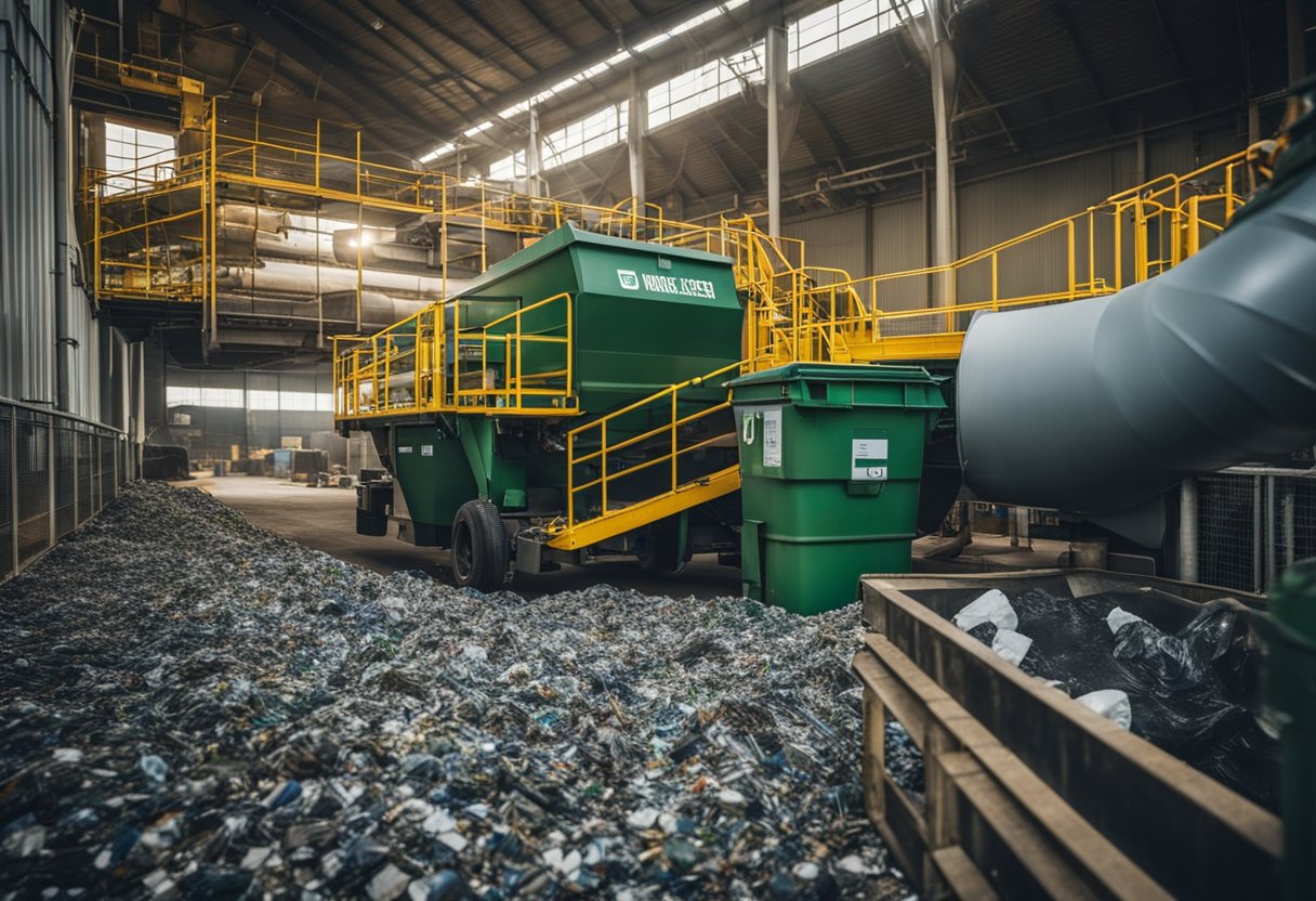 A waste management facility with recycling equipment and environmental control systems in operation