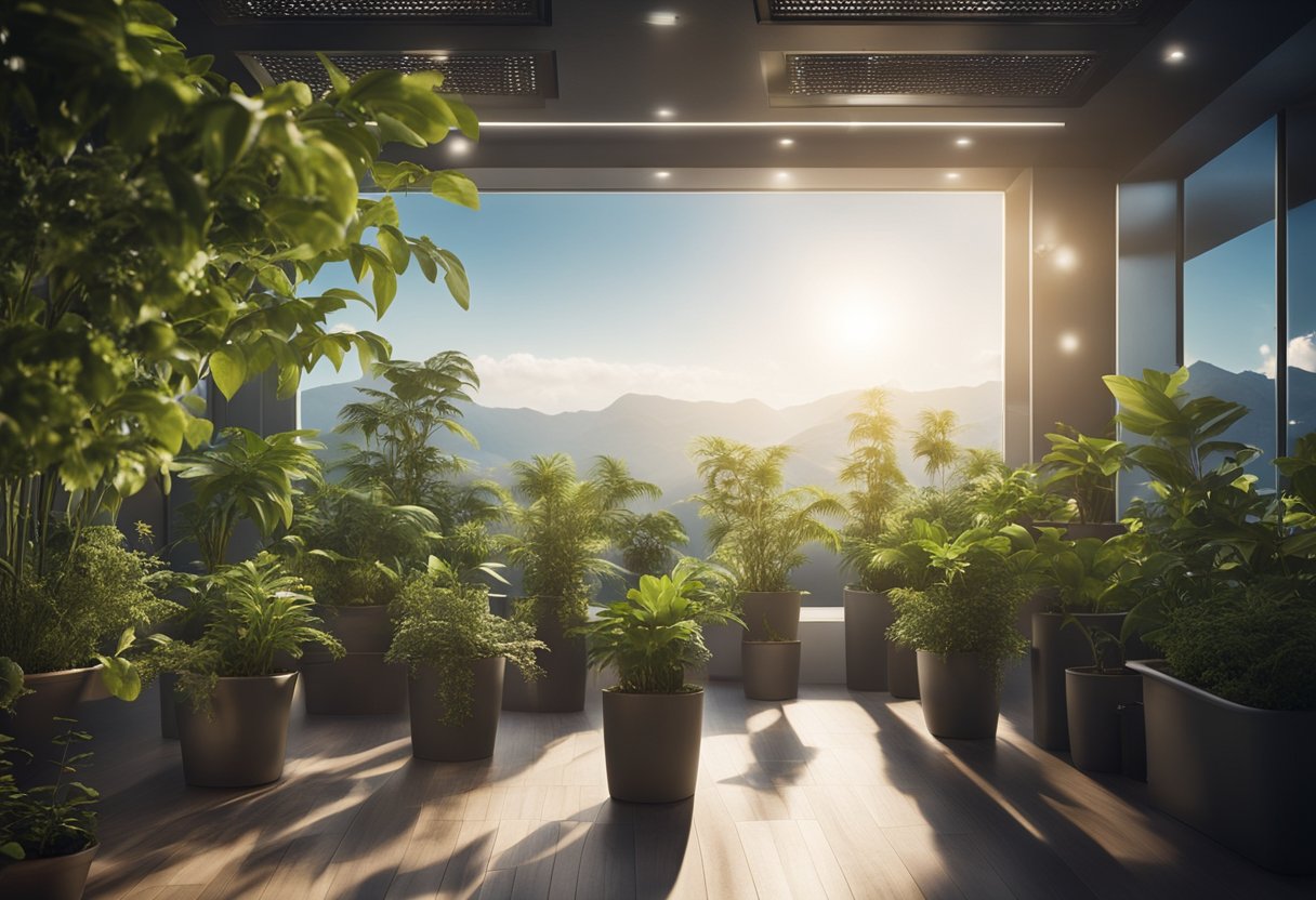 A spacious, high-tech environment with plants and artificial sunlight, surrounded by a vast, starry sky. A sense of isolation and tranquility pervades the scene