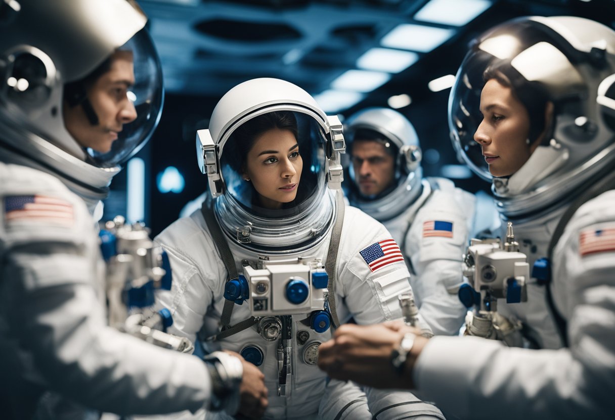 A group of astronauts work together to solve a complex task in a simulated space environment, communicating and collaborating seamlessly