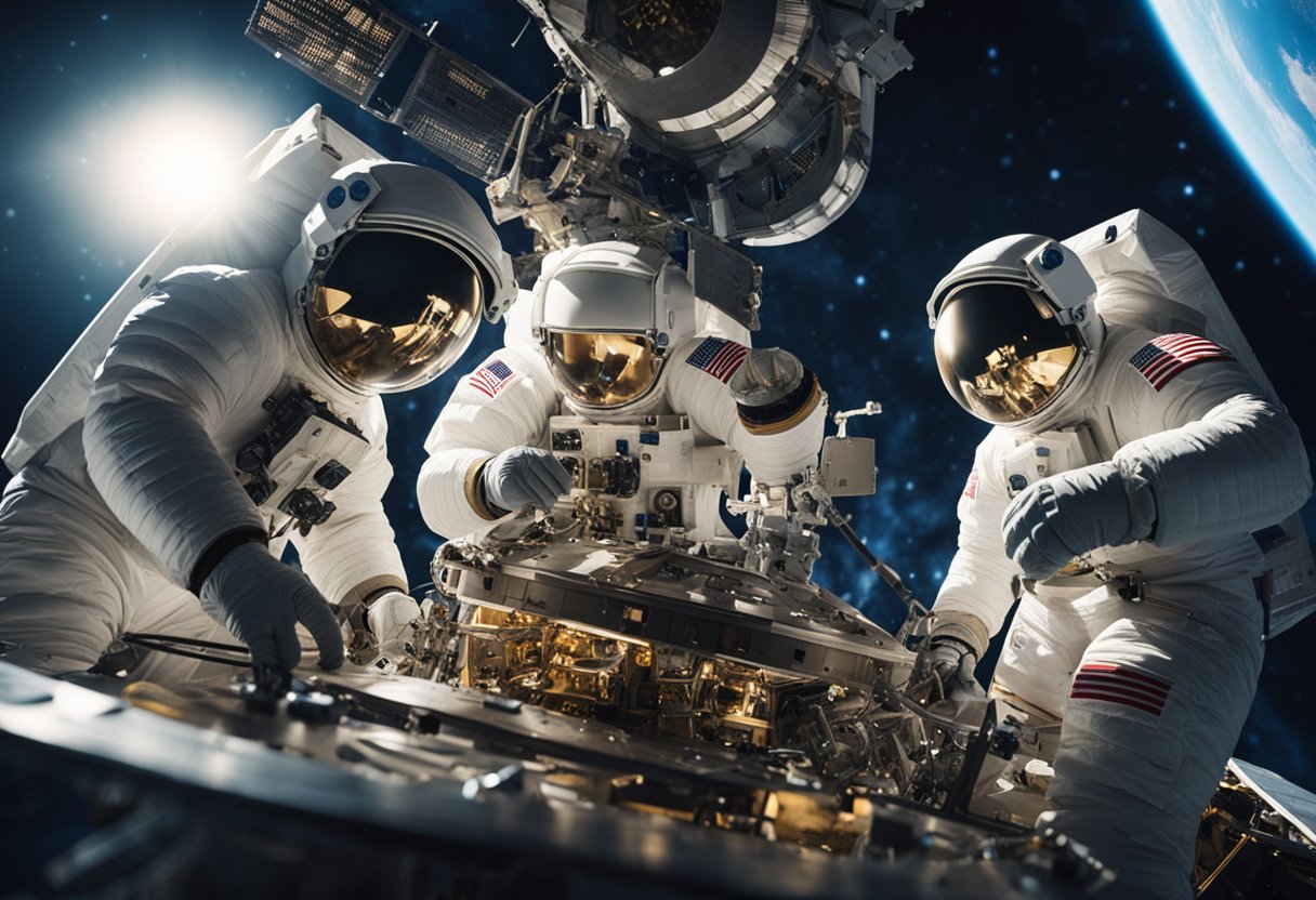 Space Crews - A group of astronauts working together to repair a damaged spacecraft in the vastness of space