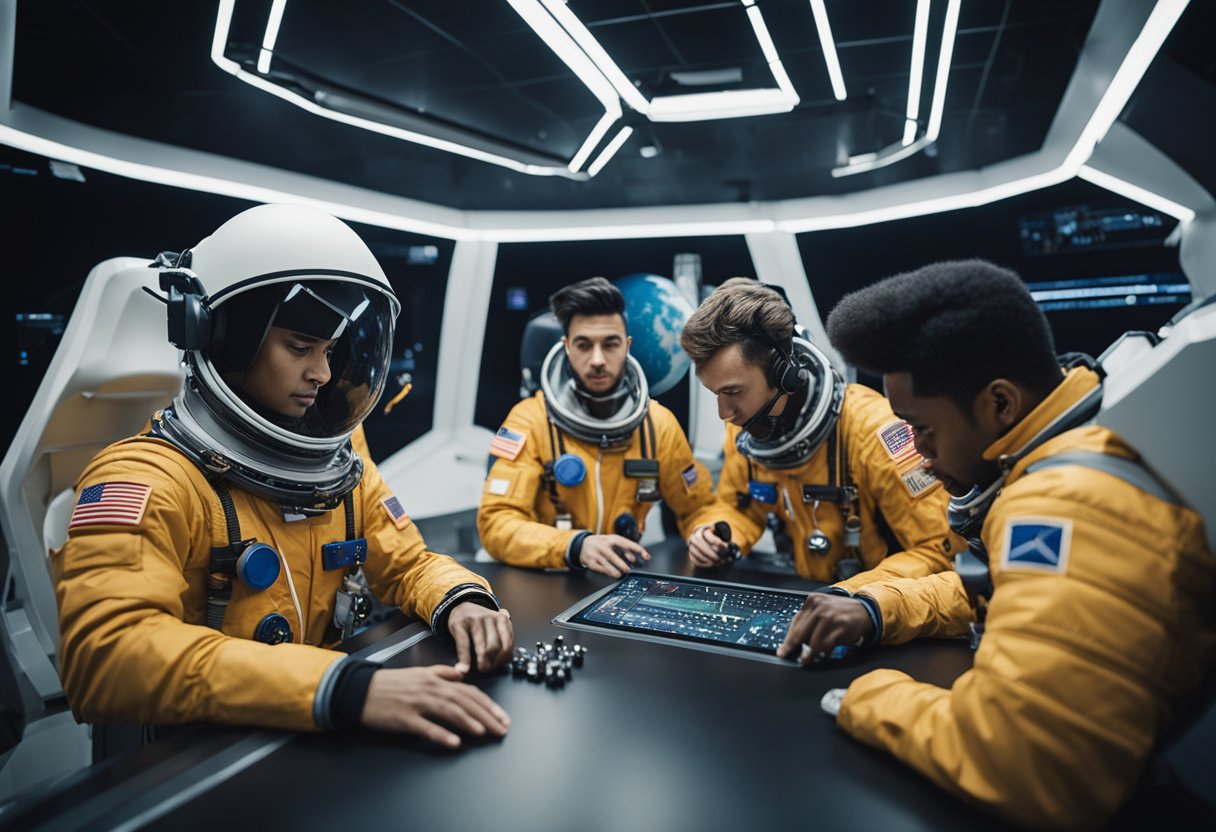 Crew members from different cultures collaborate on a space mission, exchanging ideas and working together to solve problems