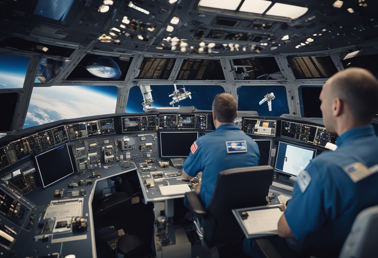 Spacecraft orbiting Earth, astronauts working together on complex tasks, historical mission artifacts displayed in the background
