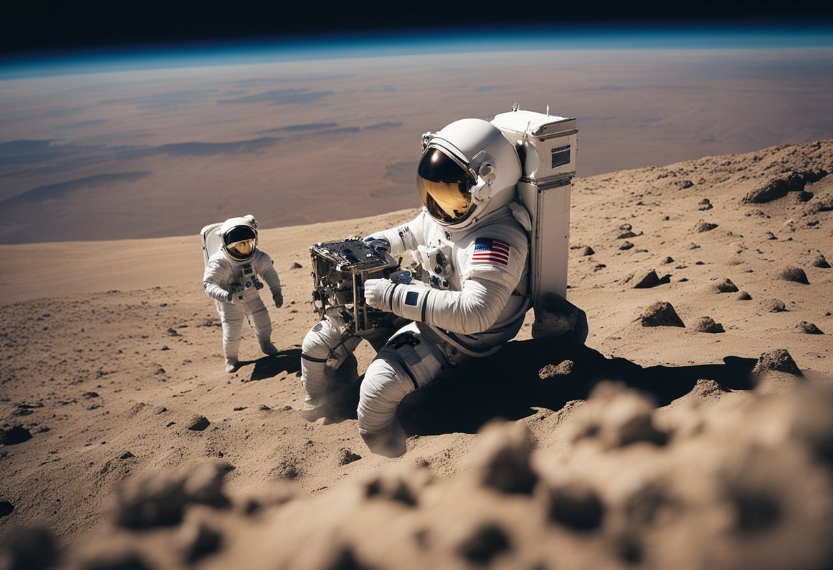 Tourists in space suits explore the vastness of space, with Earth in the background. A spacecraft hovers nearby, offering a glimpse of the costs and accessibility of spacewalk experiences