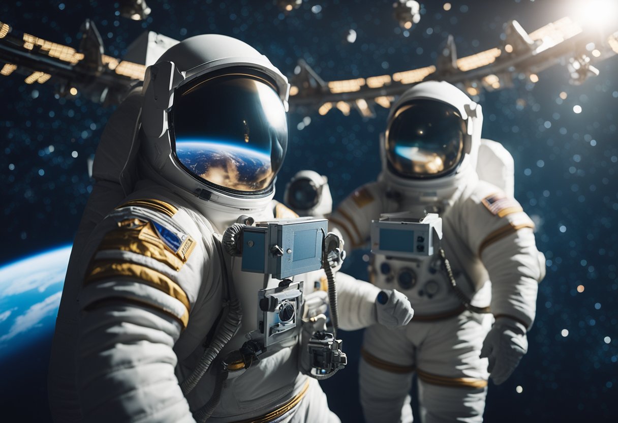 Tourists in space suits tethered to a spacecraft, surrounded by the vastness of space. A warning sign indicates the risk of debris and radiation