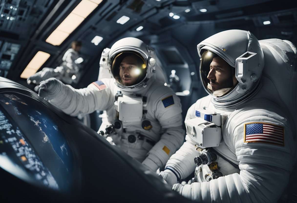Tourists in space suits floating outside a spacecraft, gazing at Earth, while a guide explains the experience