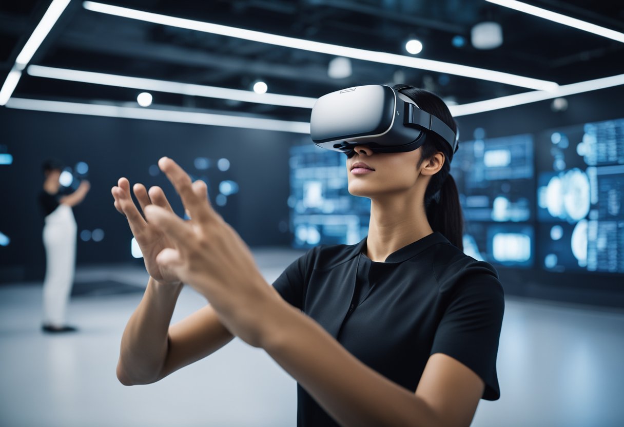 A person interacts with virtual reality simulations to enhance decision-making abilities in a futuristic training environment