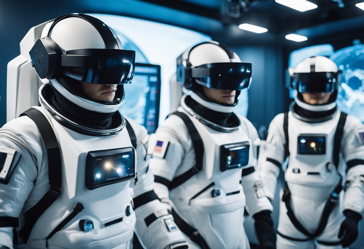 Astronauts in VR suits train for space missions in a high-tech simulation lab with advanced equipment and realistic space environments