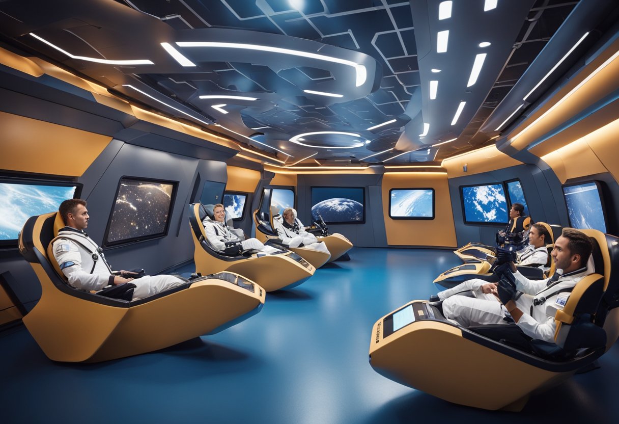 A futuristic space tourism training facility with astronauts in simulators, zero-gravity chambers, and virtual reality simulations