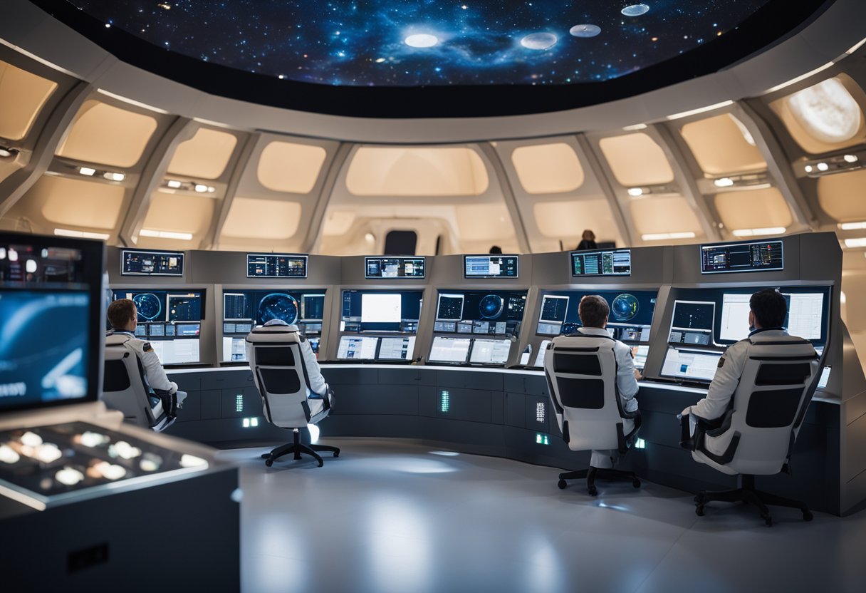 A space tourism training facility with astronauts in simulation pods, a control center with monitors, and a mock spacecraft for hands-on training