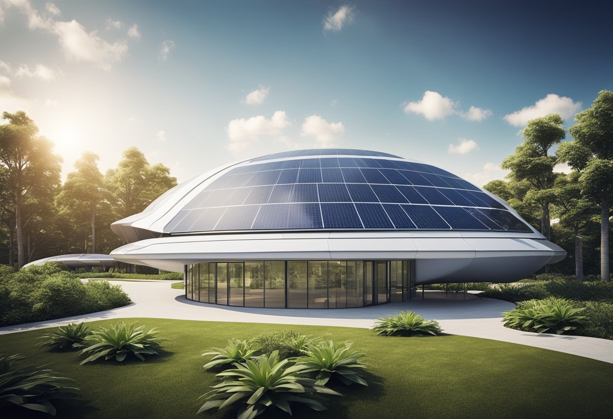 A modern space tourism training facility with sleek architecture and sustainable design, surrounded by greenery and solar panels