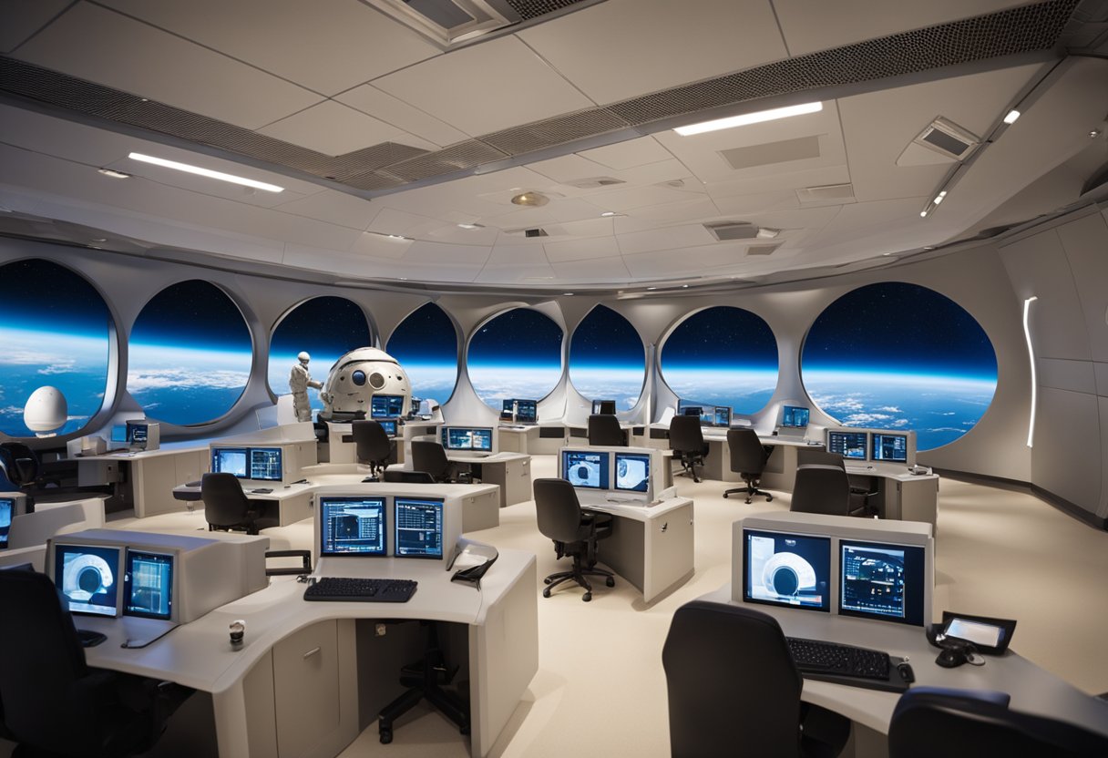 A modern space tourism training facility with simulators, classrooms, and astronauts in training