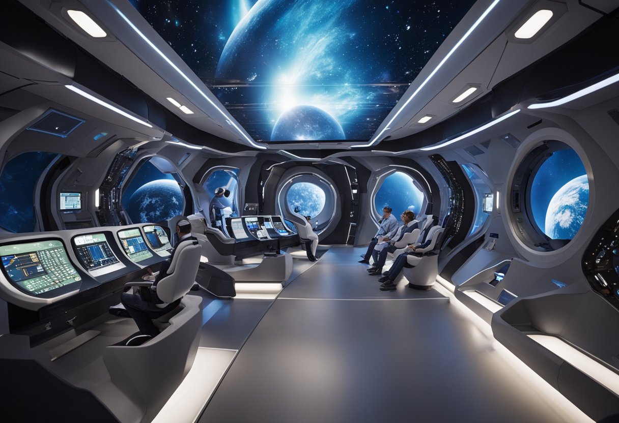 A futuristic space tourism training facility with astronauts in simulators, zero-gravity chambers, and virtual reality simulations