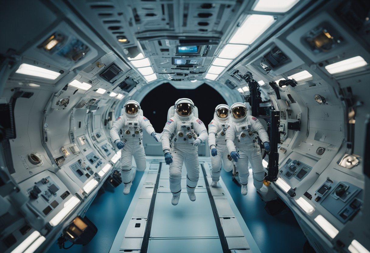 Cultural Adjustment for Space Travel: Astronauts adapt to zero gravity, floating in a spaceship, surrounded by floating objects and equipment
