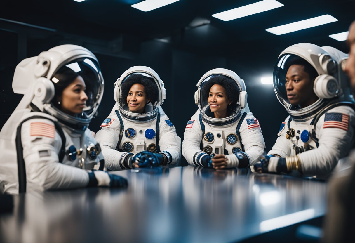 A diverse group of astronauts studying cultural norms from different societies, adapting to life in space