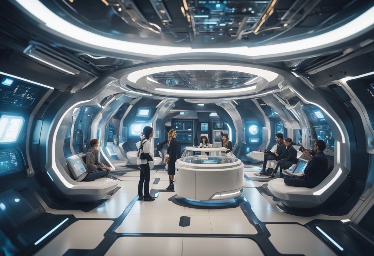 A futuristic space station with diverse cultural symbols and people interacting in zero gravity