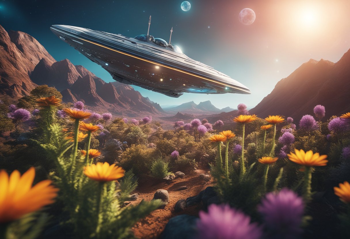 A spaceship hovers above a vibrant alien planet, as astronauts explore and interact with unique flora and fauna