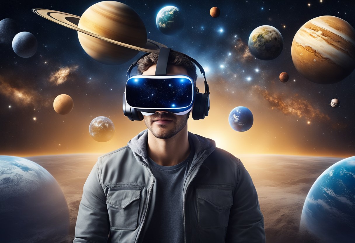A virtual reality headset displaying a realistic space environment with planets, stars, and spacecraft. A user interacts with educational tools and simulations to learn about space science