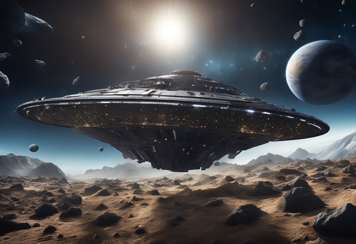 A spaceship navigates through a field of asteroid debris, while a distant planet looms large in the background, illustrating the challenges of space colonization