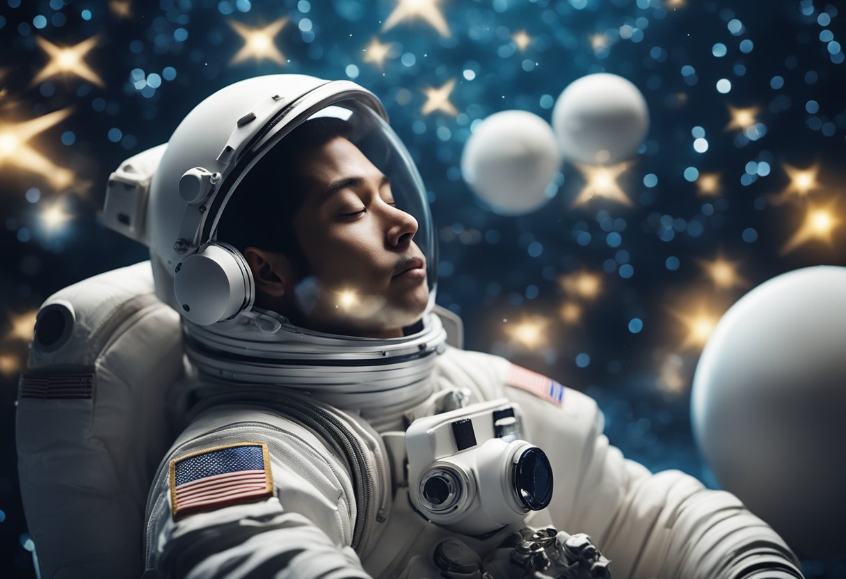 Sleeping in Zero Gravity: A floating astronaut in a serene, weightless slumber, surrounded by drifting objects and a backdrop of stars