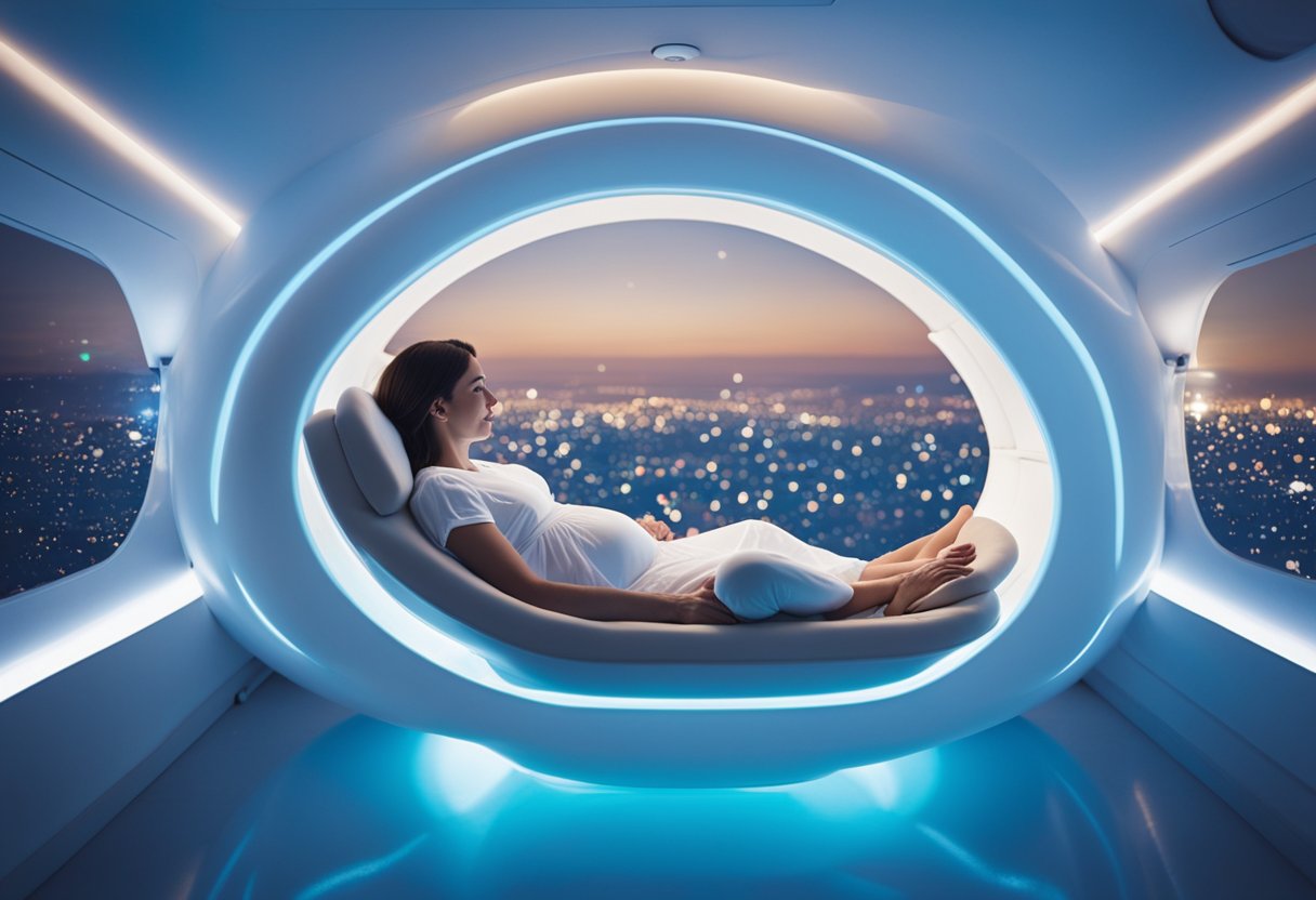 A pregnant person floating in a zero gravity sleep pod, surrounded by calming blue lights and soft, supportive cushions