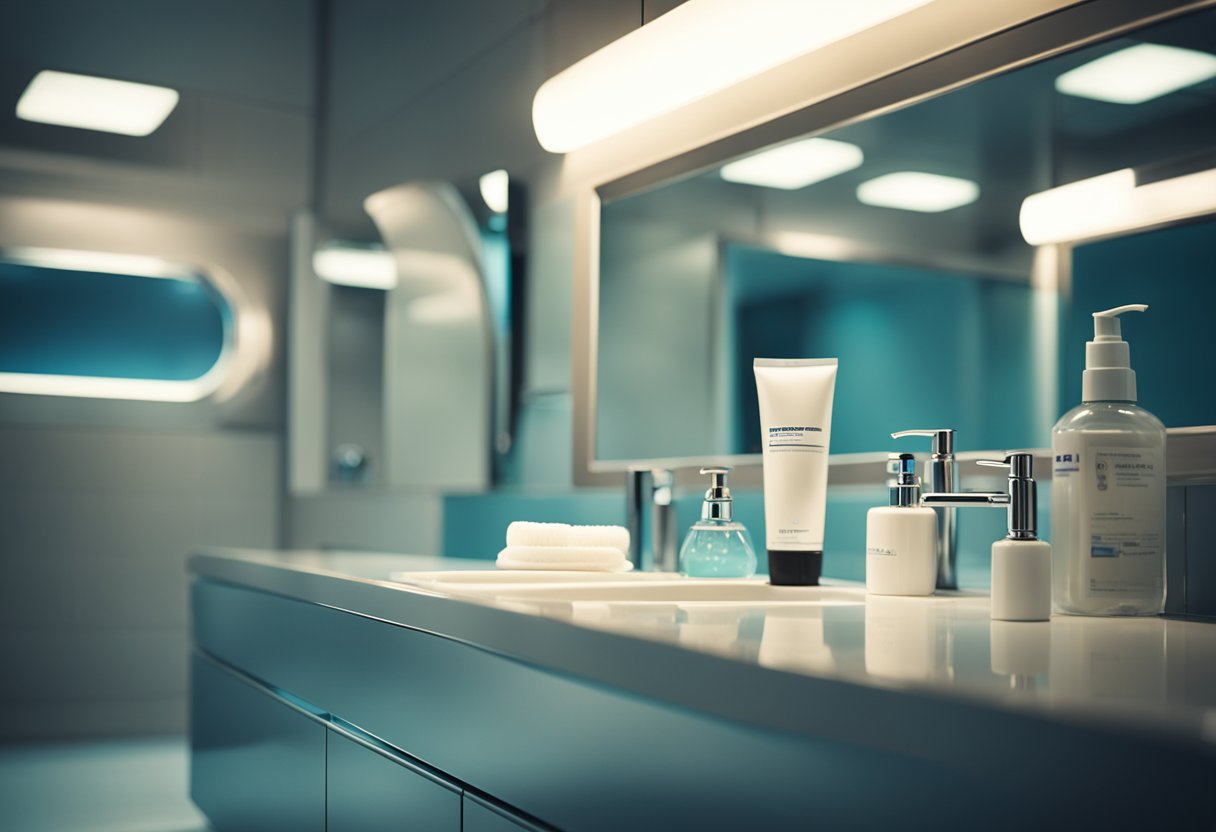 Hygiene items float near a mirror and sink in a space station, with a toothbrush and toothpaste secured to the wall