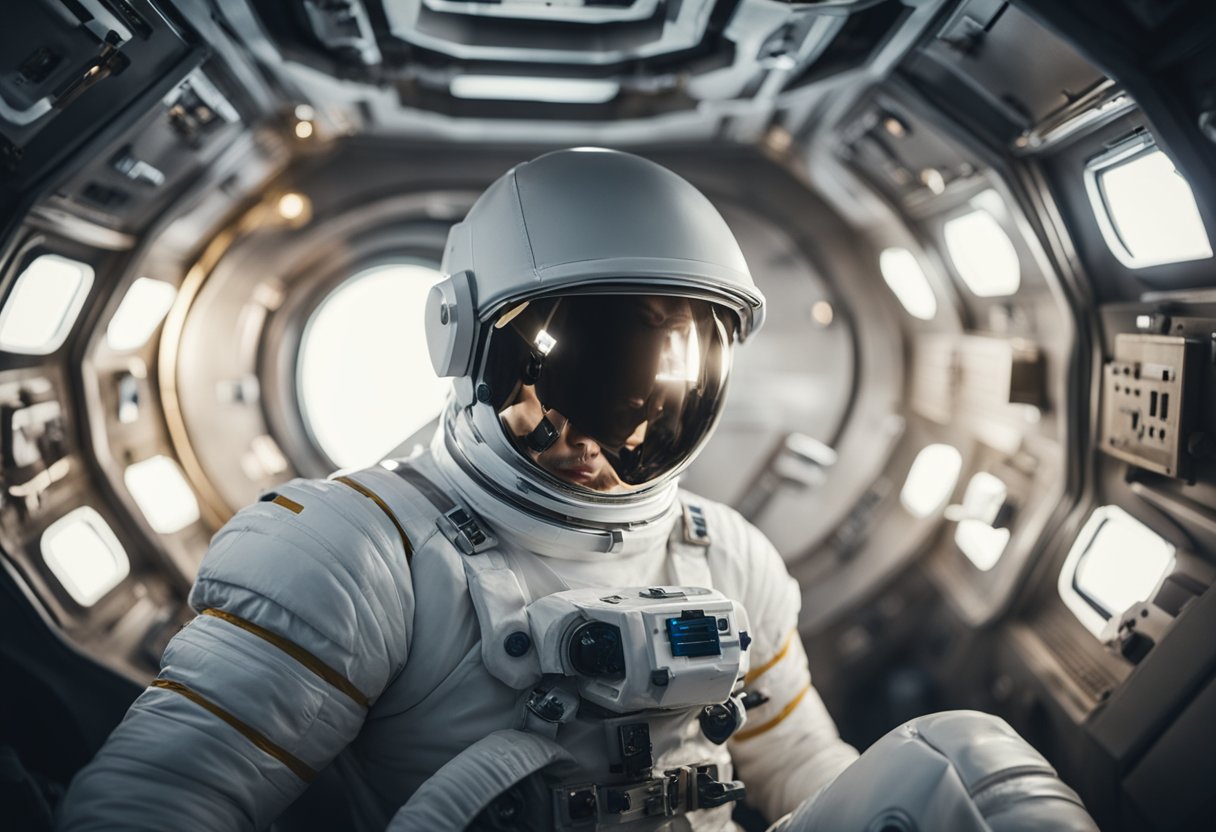 Astronaut floating in a spacecraft, clutching their stomach, with a queasy expression on their face