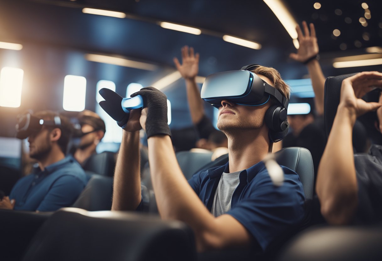 A person in a virtual reality simulator, feeling motion sickness, holding onto the edges of the seat, with a look of discomfort on their face