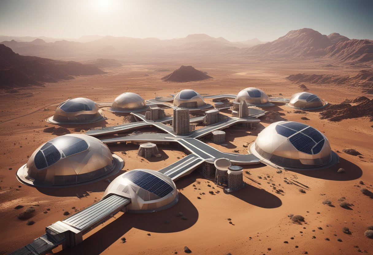 A futuristic city on Mars with domed buildings, solar panels, and underground tunnels