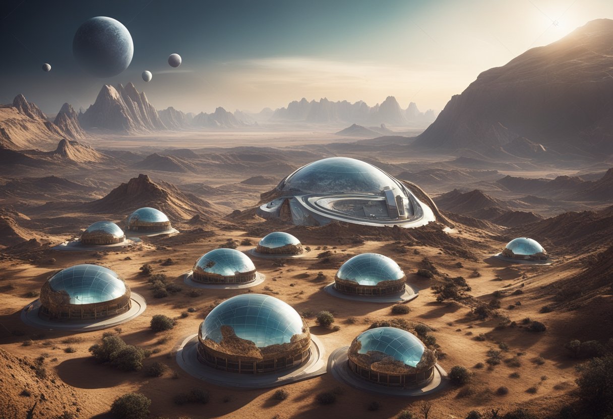 A barren planet with futuristic domed habitats, surrounded by advanced technology and sustainable ecosystems