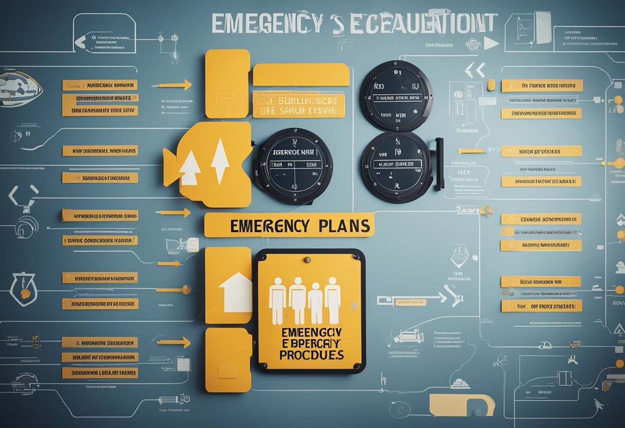Emergency evacuation plans for spacecraft: Life support and safety systems in action. A clear exit route with labeled emergency equipment and procedures
