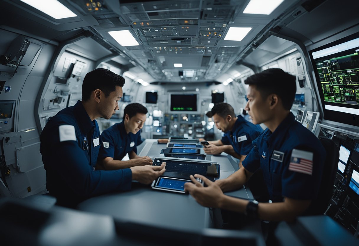 Emergency spacecraft evacuation plans in action: crew members communicating via handheld devices, while cargo and supplies are being loaded onto escape pods