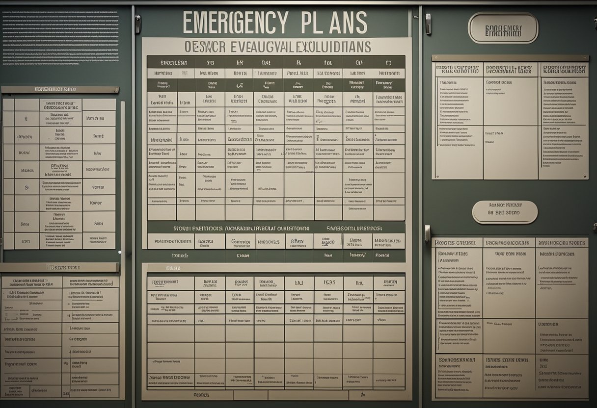 Emergency evacuation plans displayed on spacecraft walls with survival equipment neatly organized and labeled for quick access