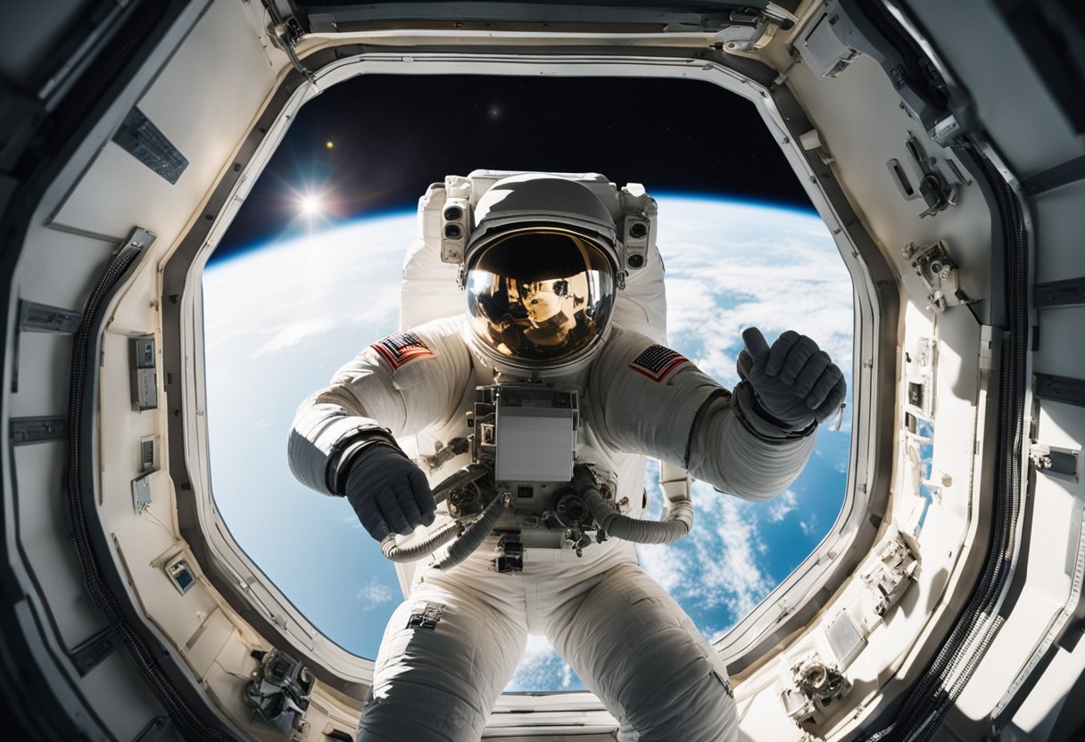 Daily Routines in Space: Astronaut floats in zero gravity, preparing meals, exercising, and conducting experiments in the space station. Sunlight streams through the windows, illuminating the high-tech equipment and the Earth below