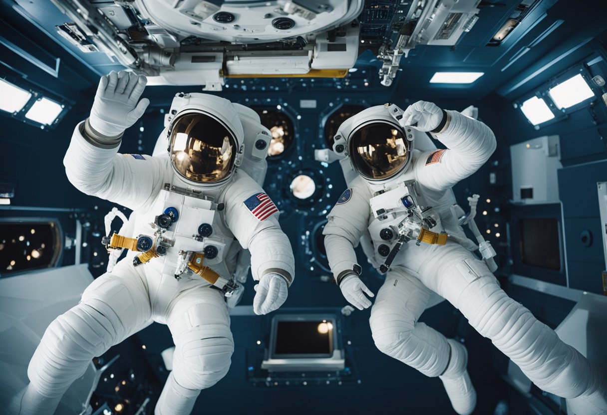 Adapting to Life Aboard Spacecraft: Astronauts floating in zero gravity, adjusting to life in a spacecraft. Equipment and supplies secured in place, with Earth visible through the window