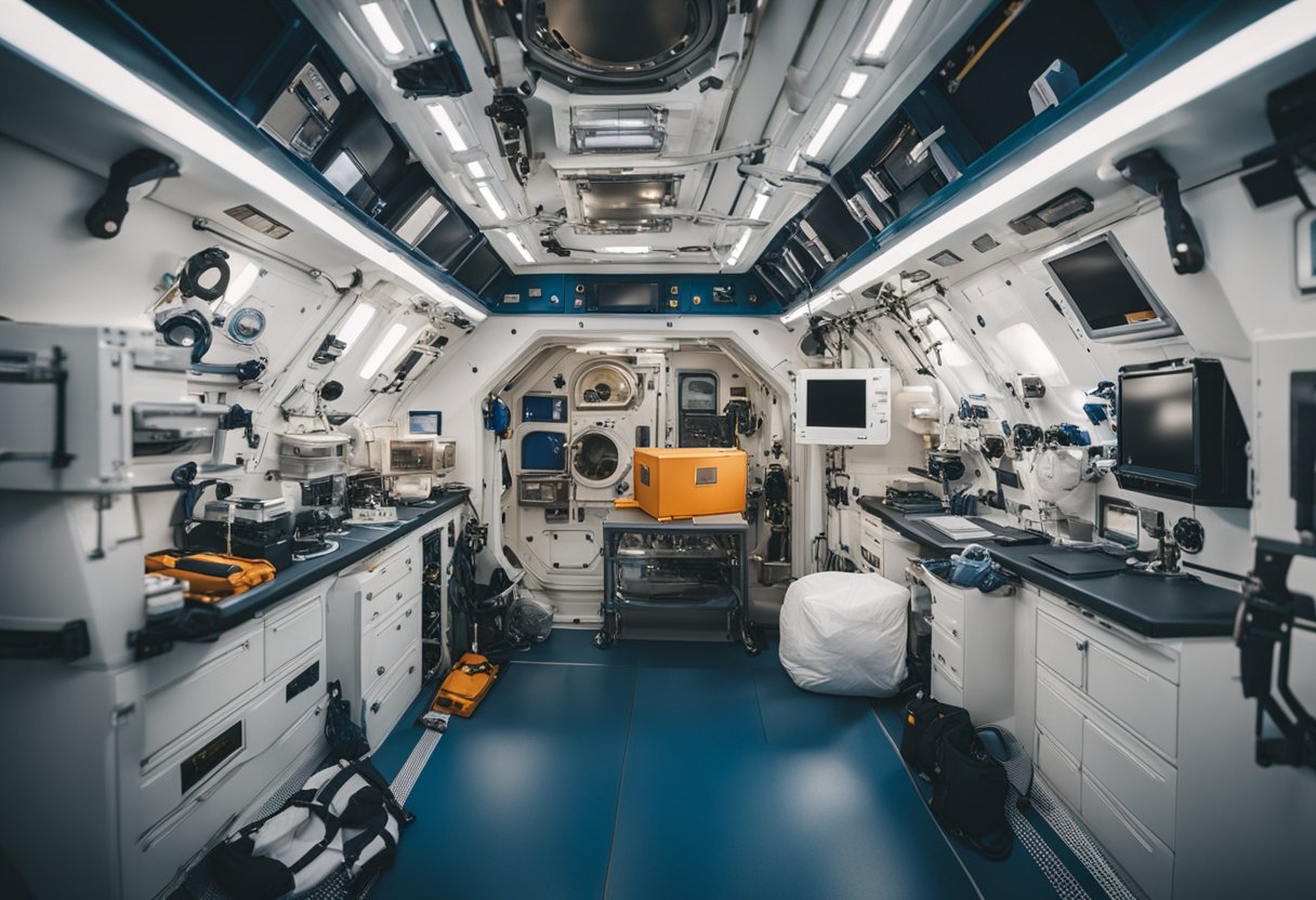 Astronaut equipment floats in zero gravity, secured by straps and hooks. Tools and supplies are neatly organized in storage compartments