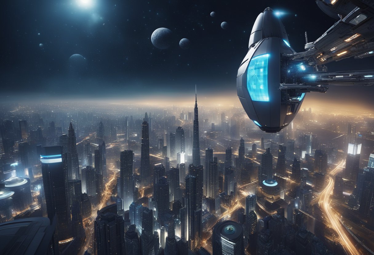 The spacecraft hovers above a bustling city, with people below adapting to life in space. Buildings and vehicles show signs of futuristic technology