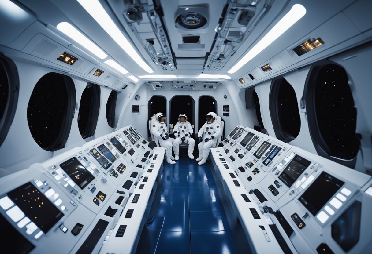 Astronauts adjust to zero gravity, floating effortlessly in a high-tech, minimalist spacecraft. Equipment and supplies are neatly organized, with digital screens displaying vital information