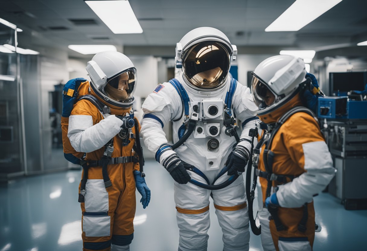 A space suit is being checked for functionality and safety before a mission, with technicians inspecting the oxygen supply, pressure seals, and communication systems