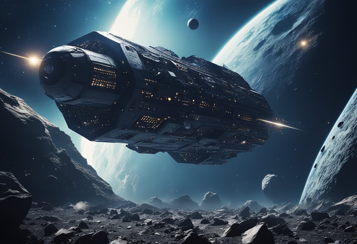 A spaceship navigates through asteroid field, facing radiation and debris