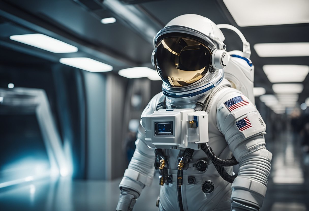 A space suit with adjustable joints and streamlined design for mobility and ergonomic functionality, ensuring safety in outer space