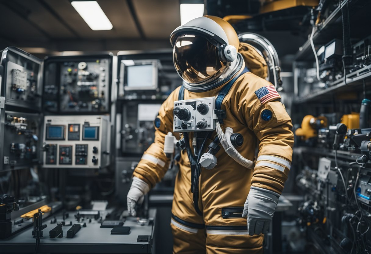 A space suit hangs on a rack, surrounded by various tools and equipment. A control panel displays vital signs and environmental data