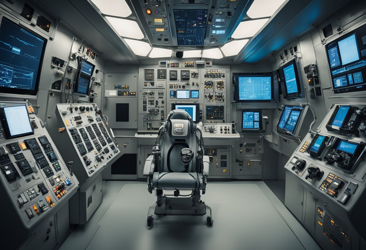 A space suit is connected to a control panel with various support systems. Safety features such as emergency oxygen tanks and communication devices are visible