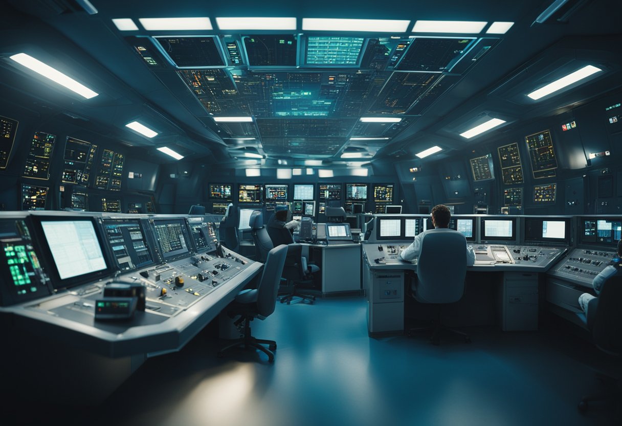 Emergency Procedures in Space: A spaceship's crew follows emergency procedures, securing loose objects and donning oxygen masks as alarms flash and emergency lights illuminate the control room