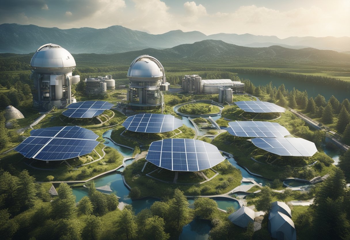 Space colony with solar panels, greenhouse, and water recycling system. Rockets launching for resource mining. Robots maintaining infrastructure