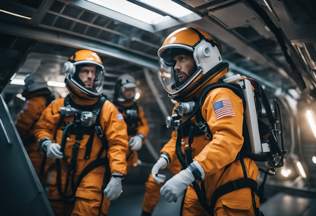 Rescue team in space suits maneuvering through tight space with equipment for emergency procedures