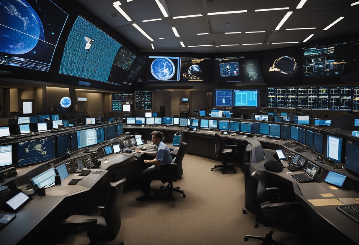 Mission Control directs emergency procedures, monitoring vital signs and guiding astronauts through protocol. Screens display data and communication lines remain open