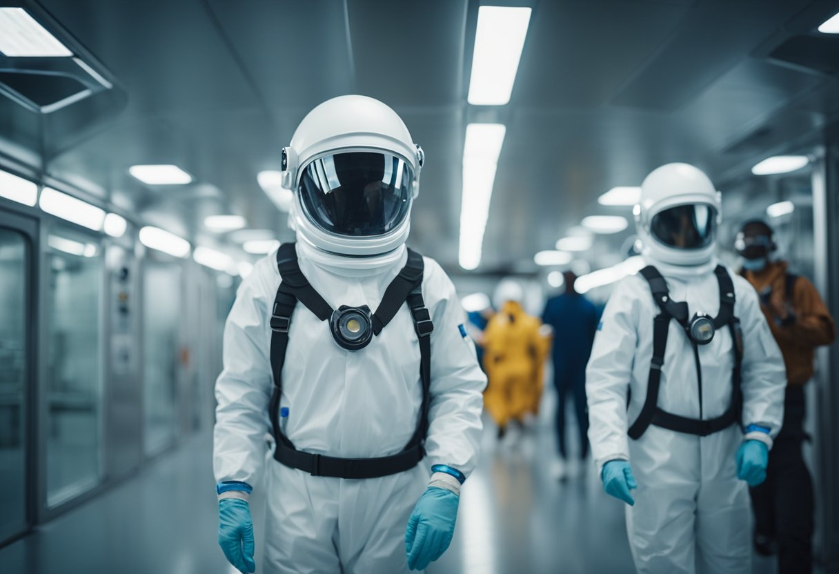 Space tourists follow strict health protocols, wearing protective suits and helmets. Medical supplies and equipment are secured in designated areas for emergency use