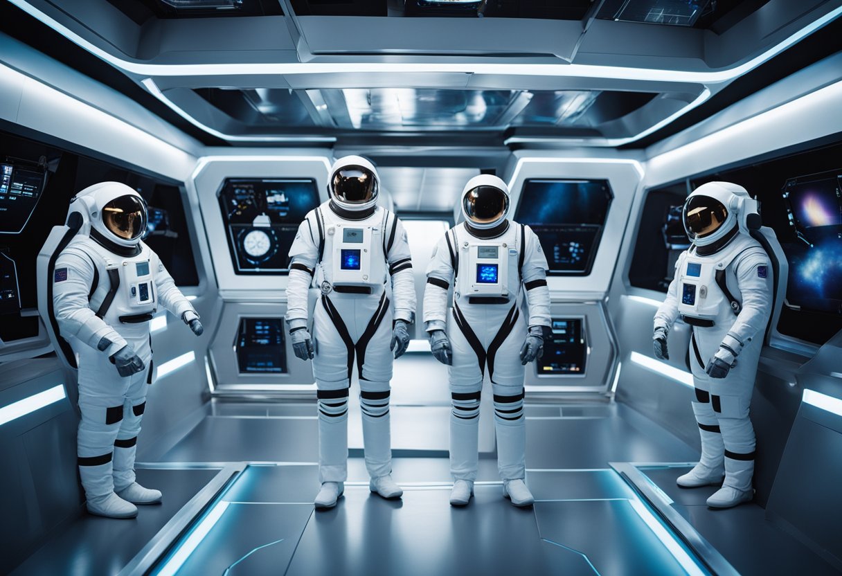Space tourists wear sleek, futuristic suits with built-in life support systems. They are surrounded by advanced technology and safety equipment, including emergency oxygen tanks and escape pods