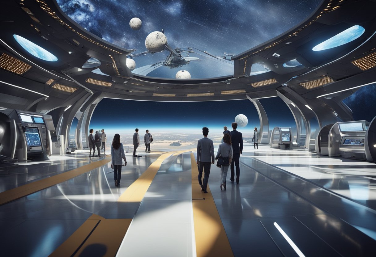 Space tourists follow strict safety protocols in a futuristic, eco-friendly spaceport, with solar panels and recycling facilities. Earth looms large in the background, symbolizing the global impact of space travel